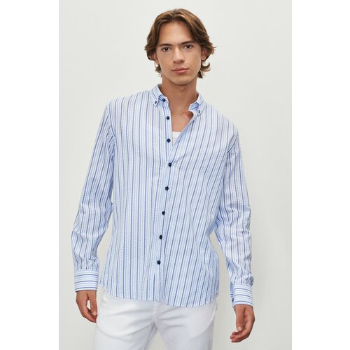 ALTINYILDIZ CLASSICS Men's White-blue Slim Fit Slim Fit Buttoned Collar Seekerchief Shirt Cene
