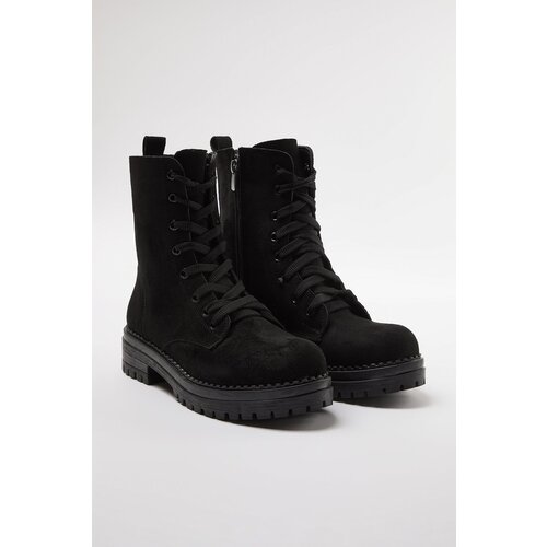 Trendyol black suede lace-up and zippered women's combat boots Slike