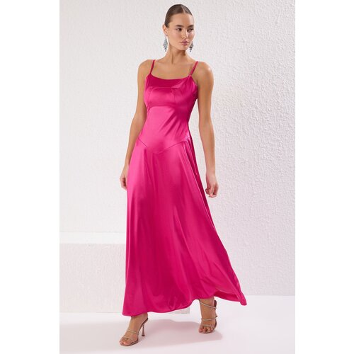 Trendyol Fuchsia Plain Skirt Waist Opening Knitted Satin Maxi Evening Dress & Graduation Dress Slike