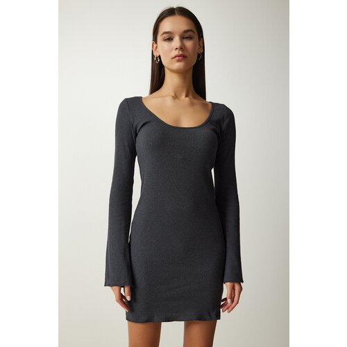  Women&amp;#039;s Gray Boat Neck Ribbed Saran Knitted Dress Slike