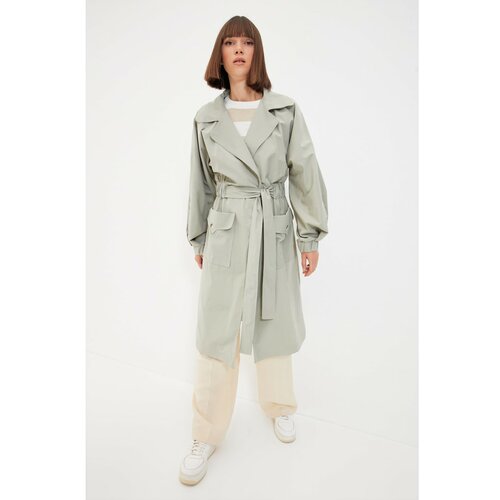 Trendyol light khaki long oversized trench coat with ruffles and belt detail Slike