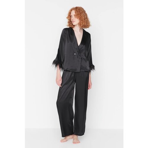 Trendyol Black Feather Detailed Satin Woven Pajamas Set Slike