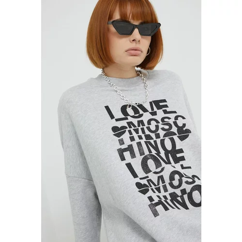 Love Moschino Bombažen pulover ženska, siva barva