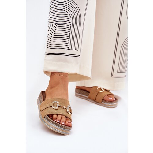 Boto Ladies Platform Slippers With Golden Decoration And Glitter Camel Morisela Cijene
