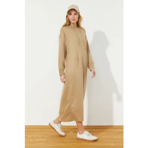 Trendyol Light Brown Kangaroo Pocket Hooded Knitted Sweat Dress