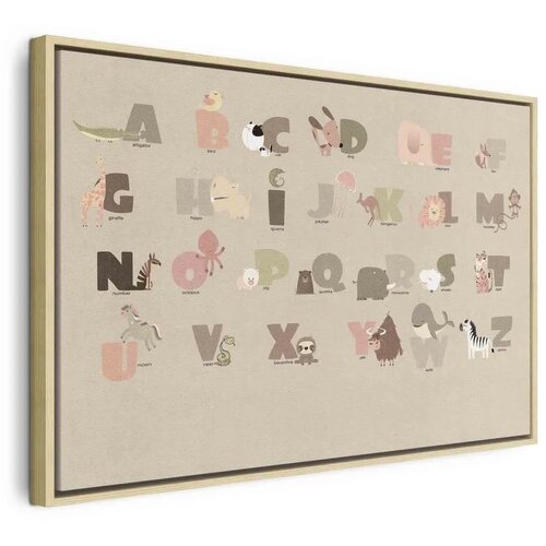  Slika - Alphabet at the Zoo - Joyful Animals and Their Names on a Beige Background 60x40 U prirodnom drvenom okviru Cijene