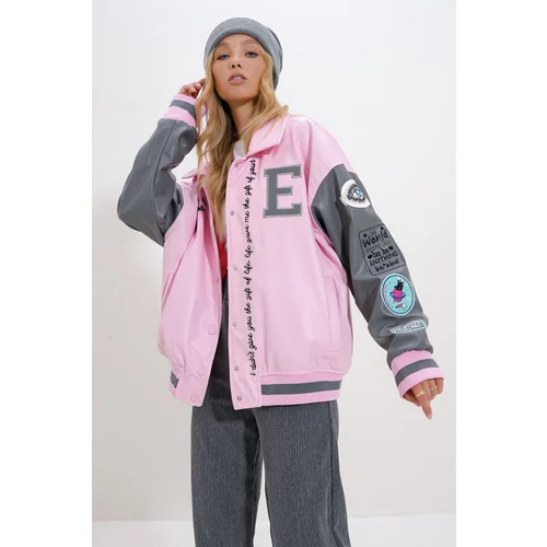 Trend Alaçatı Stili Women's Pink Snap Closure Oversize Jacket