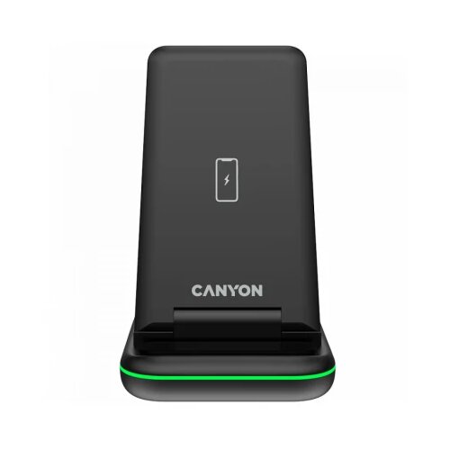 Canyon WS-304, Foldable 3in1 Wireless charger, with touch button for Running water light, Input 9V/2A, 12V/1.5AOutput 15W/10W/7.5W/5W, Type c to USB-A cable length 1.2m, with QC18W EU plug,132.51*75*28.58mm, 0.168Kg, Black Cene