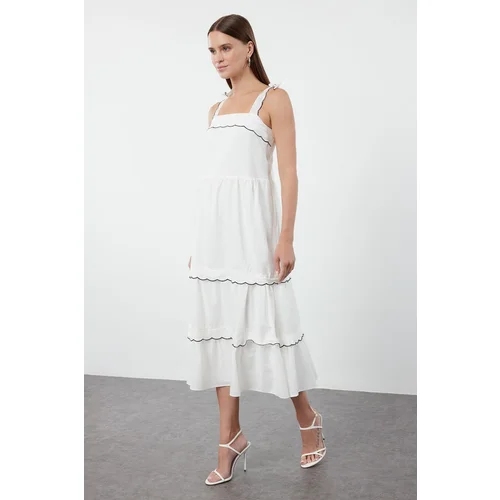 Trendyol White Skirt Flounced Sewing Detailed 100% Cotton Midi Woven Dress