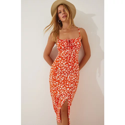 Happiness İstanbul Women's Orange Floral Slit Knitted Dress