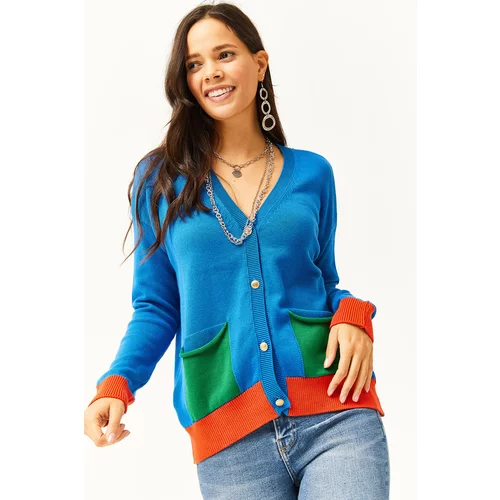 Olalook Women's Saxe Blue Color Pocket and Cuff Cotton Premium Cardigan