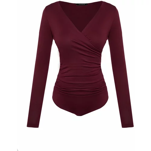 Trendyol Claret Red Fitted/Sticky Viscose Pleated V-Neck Flexible Knitted Bodysuit