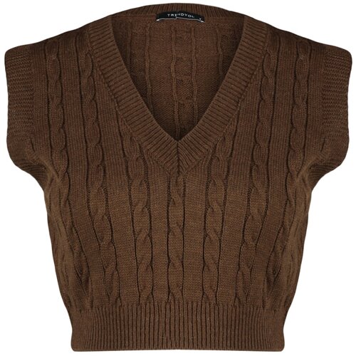 Trendyol Brown Crop V-Neck Knitwear Sweater Cene
