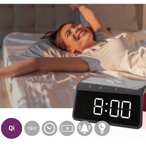 Nedis WCACQ30BK - Budilnik sa LCD ekranom i bežičnim punjačem 15W/5V, crna Slike