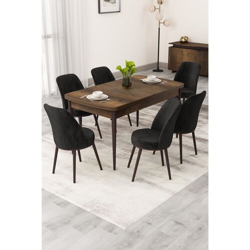 Hanah home trpezarijski set Rax, sto na razvlačenje i 6 stolica, ploča u dekoru drveta Baroque, crna tkanina Babyface Cene