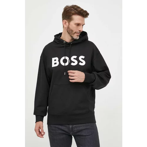 Boss Bombažen pulover moška, črna barva, s kapuco