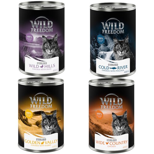 Wild Freedom Adult Sterilised 6 x 400 g - receptura brez žitaric - Mešano pakiranje (čisti piščanec, morski losos, zajec, raca) Cene