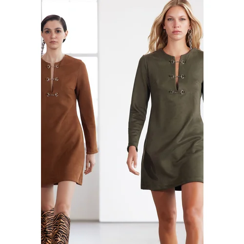 Trendyol Limited Edition Khaki Accessory Detailed Suede Mini Winter Woven Dress