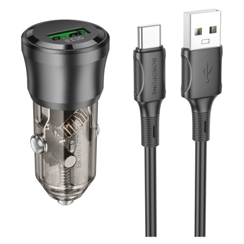 Borofone Auto Punjač sa kablom 1m USB to Type-C BZ23 Noble single-port QC3.0 car USB set transparent black Slike