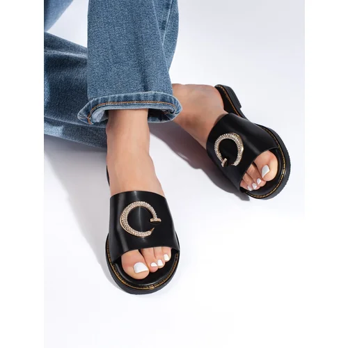 Shelvt Black women's flip-flops with a decorative element