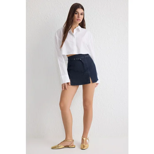 Trendyol Navy Blue Belted Slit Detail High Waist Denim Shorts Skirt