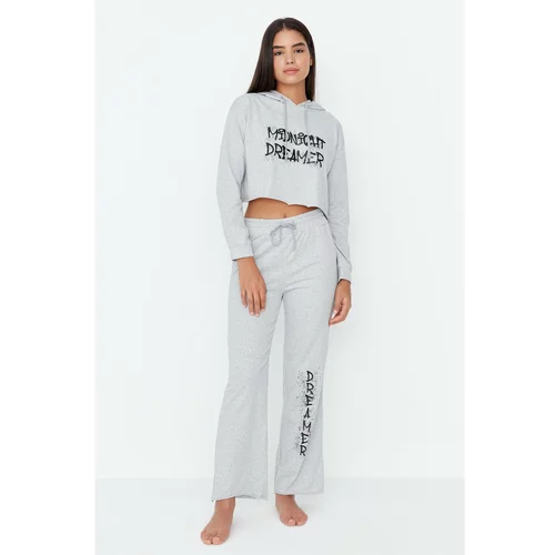 Trendyol Gray Hooded Slogan Printed Crop Knitted Pajamas Set