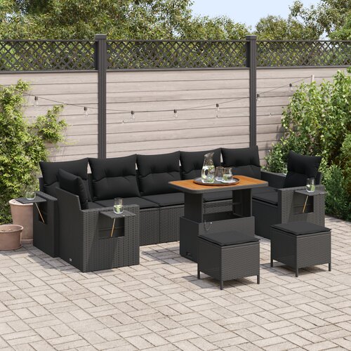 vidaXL 10-delni vrtni set sofa z blazinami črna poli ratan akacija Cene