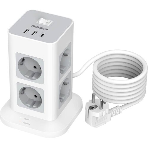 TESSAN Stolpna razdelilna vtičnica (TPS03-DE-C), 8x AC, 2x USB-A in 1x USB-C &amp;ndash; za&amp;scaron;čita, kabel 2 m, (5000257221) Slike