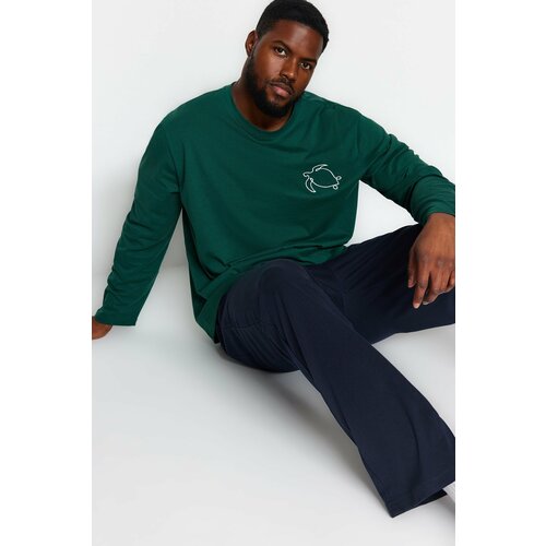 Trendyol Men's Green Embroidered Knitted Plus Size Pajamas Set Slike