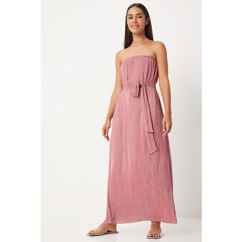 Happiness İstanbul Women's Pink Strapless Belted Pleated Dress Slike