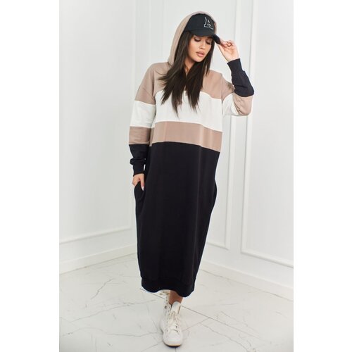 Kesi Tri-color dress with hood dark beige + ecru + black Slike