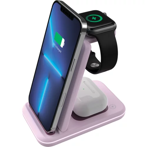  CANYON WS-304,  Foldable  3in1 Wireless charger, with touch button for Running water light, Input 9V/2A,  12V/1.5AOutput 15W/10W/7.5W/5W, Type c to USB-A cable length 1.2m, with QC18W EU plug,132.51*75*28.58mm, 0.168Kg, Iced Pink - CNS-WCS304IP