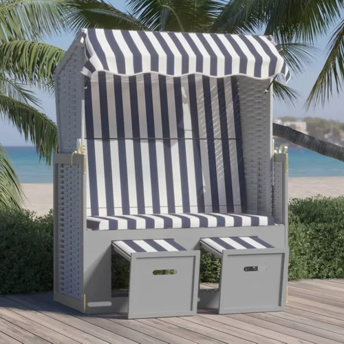 vidaXL stol za na plažo s streho poli ratan in trden les moder in bel