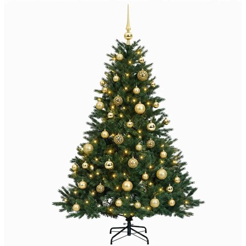  Umjetno božićno drvce s kuglicom 150 cm 150 LED lampica - Zelena 150 cm s LED žaruljama i zlatnim kuglicama Slike