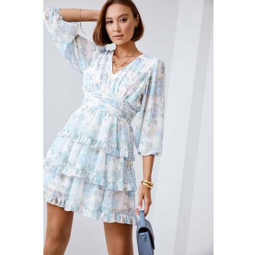 Fasardi A flowery dress with long sleeves and ruffles, cream and blue Slike