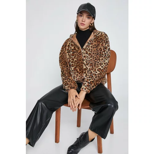 Koton Leopard Print Plush Jacket with Hoodie