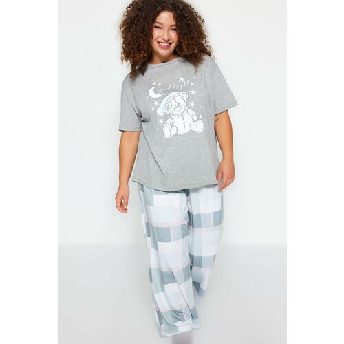 Trendyol Curve Gray Printed Checkered Knitted Pajamas Set Cene