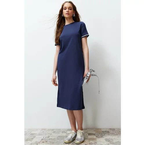 Trendyol Navy Blue Knitwear Band Detail Crew Neck Short Sleeve Stretchy Midi Knitted Dress
