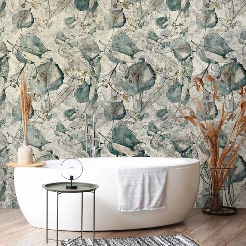  Foto tapeta - Autumn souvenirs - cool grey floral pattern with leaves 200x140 Slike