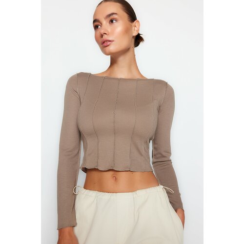 Trendyol Beige Stitching Detail Carmen Collar Fitted/Situated Ribbon Knitted Blouse Cene