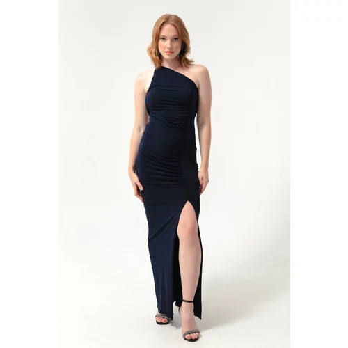 Lafaba Women's Navy Blue One-Shoulder Long Sleeve Evening Dress with Plunging Neck Slit.