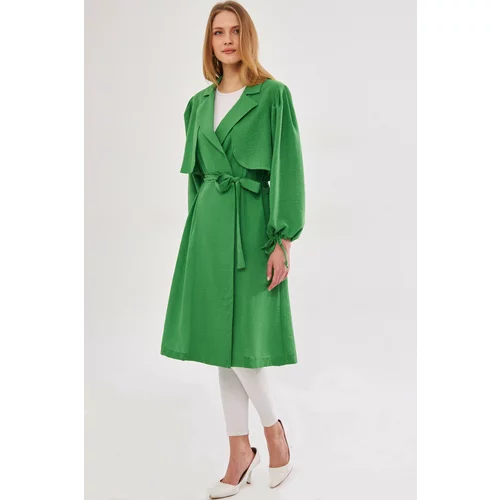 armonika Women's Green Ennea Trench Coat Sleeves Pleated Belted Cuff Laced Detail