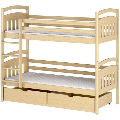 Molarem Home Drveni dječji krevet na kat Gabi s ladicom - svijetlo drvo - 200x90 cm - Madrac PE pjena 8 cm-spužvasti madrac Slike
