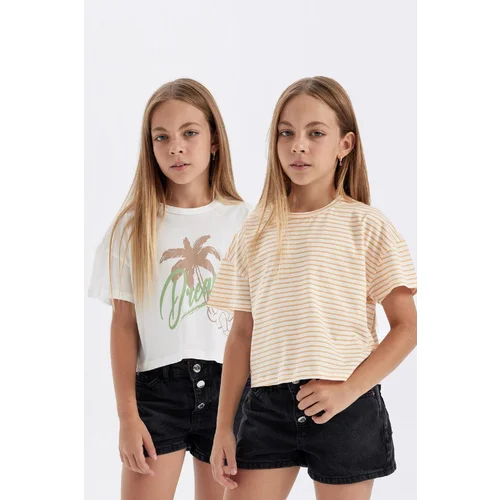 Defacto Girls Crop Crew Neck Printed 2-Piece Short Sleeve T-Shirt