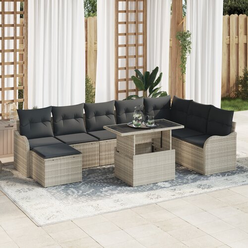 VidaXL Set vrtnih sofa od 9 komada s jastucima Svjetlosiva Poly Ratan, 2-sjedna vrtna sofa s jastucima Svjetlosiva Poly Ratan Slike
