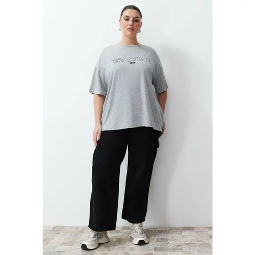 Trendyol Curve Gray Melange Printed Oversize Knitted T-shirt
