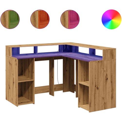 Maison Chic Pisalna miza - pisarni&amp;scaron;ka miza - Računalni&amp;scaron;ka miza z LED lučkami artisan hrast 130x130x91 cm inž. les, (21785436) Slike