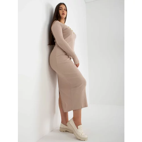 Fashion Hunters Beige ribbed dress of larger size with long sleeves
