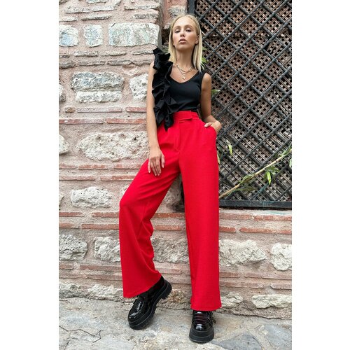 Trend Alaçatı Stili Women's Red High Waist Double Pockets Pleated Palazzo Pants with Snap Fastener Slike