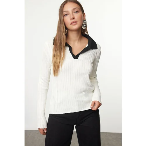 Trendyol Ecru Polo Collar Color Block Knitwear Sweater